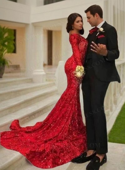 Red Off the Shoulder Long Sleeves Mermaid Sequin African Prom Dresses