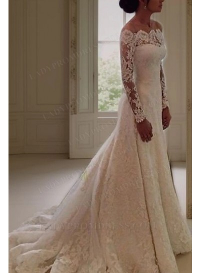 Ivory A-Line Court Train Lace Long Sleeves Wedding Dresses