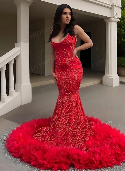 2025 Spaghetti Straps Sequins Mermaid Prom Dresses with Feathers