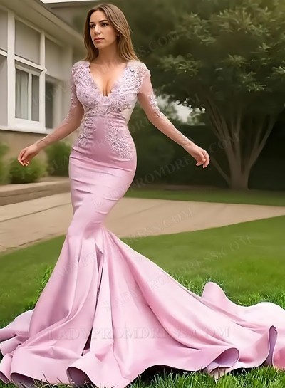 2025 Dusty Rose Mermaid Long Sleeves Prom Dresses with Appliques