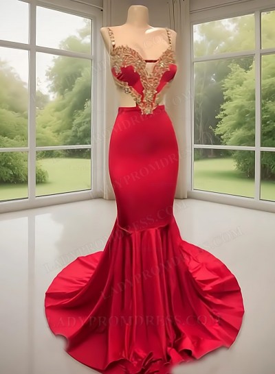 2025 Spaghetti Straps Red Mermaid Prom Dresses