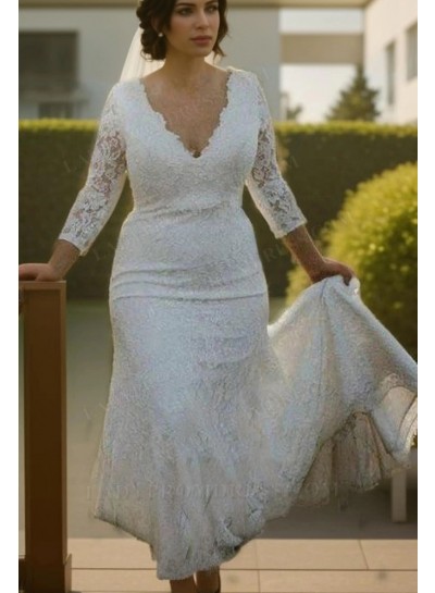 2025 Mermaid Lace V-neck 3/4 Sleeves Sweep Train Wedding Dresses