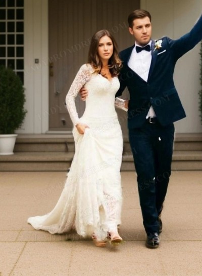 2025 Elegant Sheath Long Sleeves Sweetheart Lace Wedding Dresses