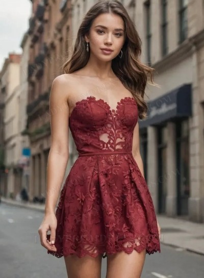2025 Burgundy Lace Sweetheart A-Line Mini Homecoming Dress with Floral Details