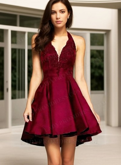 Halter V Neck Sleeveless High Low Pleated Applique Beading Short Homecoming Dresses