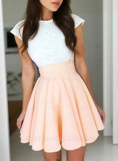 A-Line/Princess Scoop Neck Cap Sleeve Lace Chiffon Cut Out Back Cut Short/Mini Homecoming Dresses