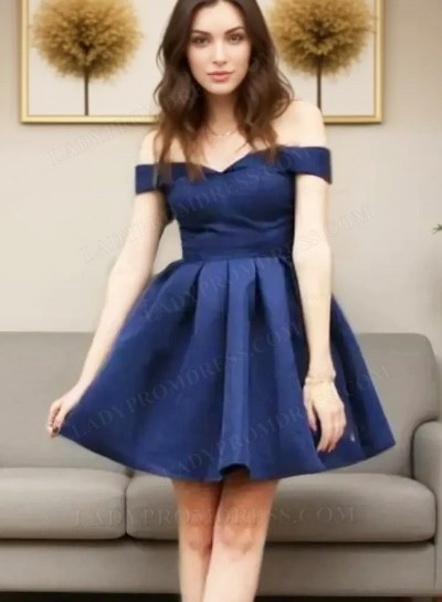 Off The Shoulder Dark Navy Ball Gown Pleated Simple Elegant Satin Homecoming Dresses