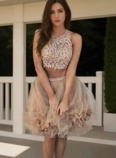 Halter Sleeveless Champagne Lace Appliques Two Pieces A Line Organza Homecoming Dresses