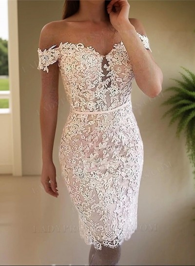 Sheath Ivory Off The Shoulder Backless V Neck Lace Flowers Above Knee Homecoming Dresses