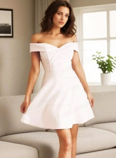 Satin Off The Shoulder A Line Short Pearl Pink V Neck Homecoming Dresses