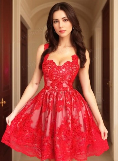 Sleeveless Red Deep V Neck Lace A Line Pleated Flowers Short Homecoming Dresses