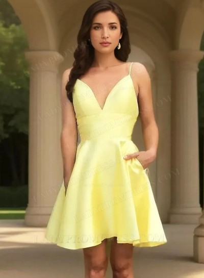 Spaghetti Straps V Neck A Line Satin Pleated Light Yellow Simple Homecoming Dresses