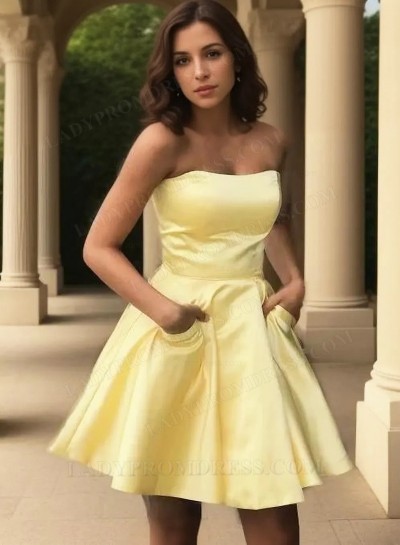 Strapless Sweetheart A Line Satin Light Yellow Pockets Pleated Short Homecoming Dresses