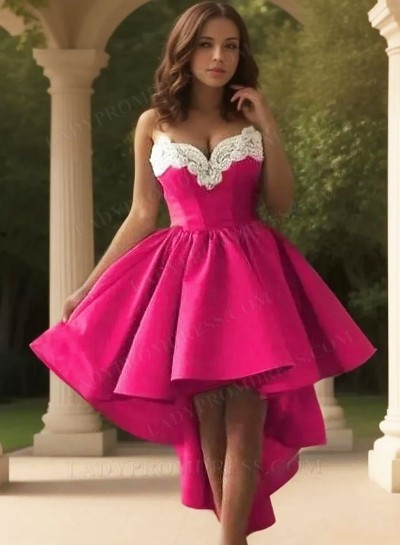 High Low Fuchsia A Line Strapless Sweetheart Appliques Pleated Homecoming Dresses