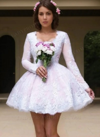 Long Sleeve Deep V Neck Lace Ball Gown White Short Elegant Homecoming Dresses