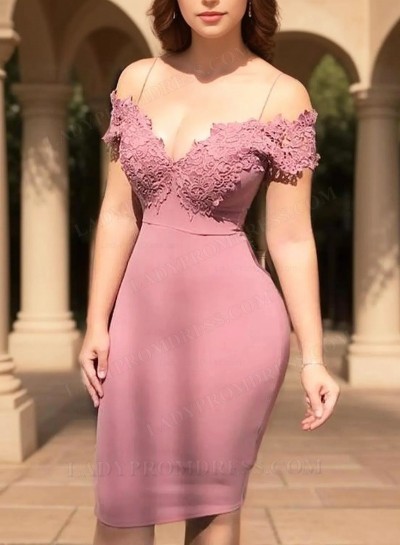 Dusty Rose Sheath Spaghetti Straps V Neck Off The Shoulder Appliques Satin Homecoming Dresses