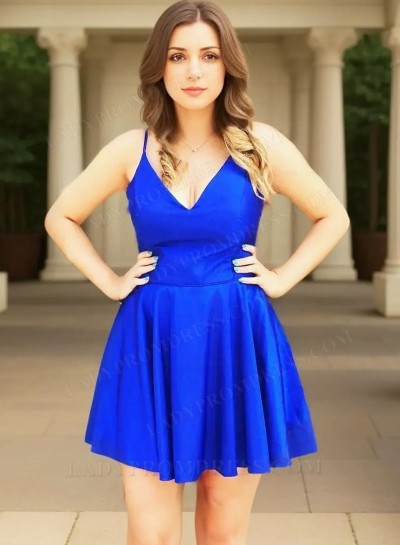 A Line Satin Royal Blue V Neck Knee Length 2025 Short Homecoming Dresses