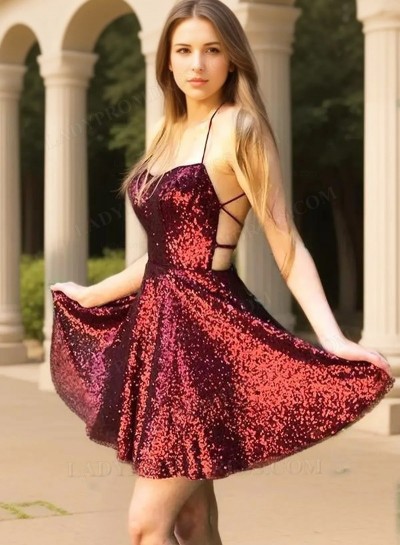 A Line 2025 Length Knee Sweetheart Burgundy Sequence Short Homecoming Dresses