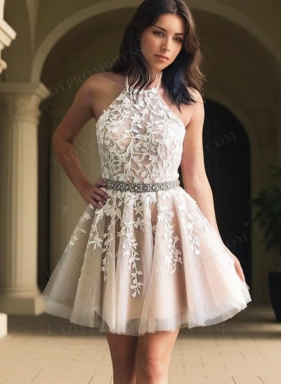 2025 A Line Tulle Champagne Knee Length Halter Short Homecoming Dresses