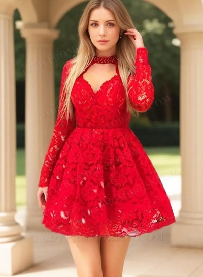 2025 A Line Red Long Sleeves Halter Backless Lace Short Homecoming Dresses 2025