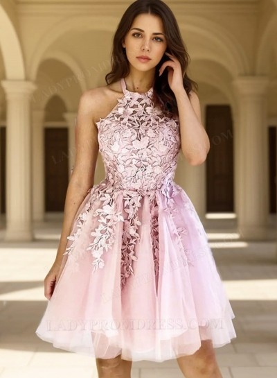 2025 A Line Pink Tulle With Appliques Knee Length Halter Short Homecoming Dresses