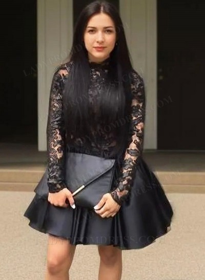 A-Line Bateau Long Sleeves Backless Black Short Homecoming Dress 2025 with Lace