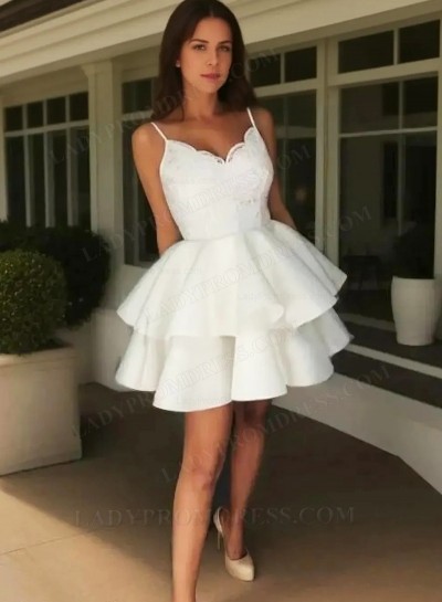 White Ball Gown Layers V Neck Sleeveless Straps Lace Cut Shorts Mini Homecoming Dresses