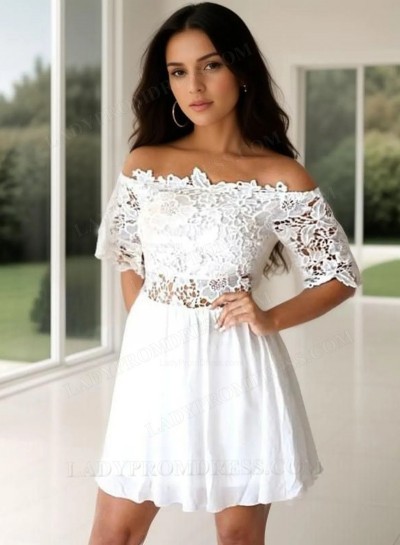 White Lace Off-The-Shoulder Half Sleeve Cut Shorts Mini Homecoming Dresses