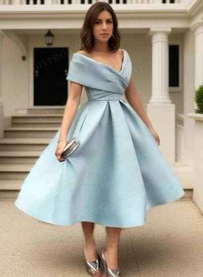 Elegant Tea-Length Off-The-Shoulder Pleated Satin Ball Gown Homecoming Dresses