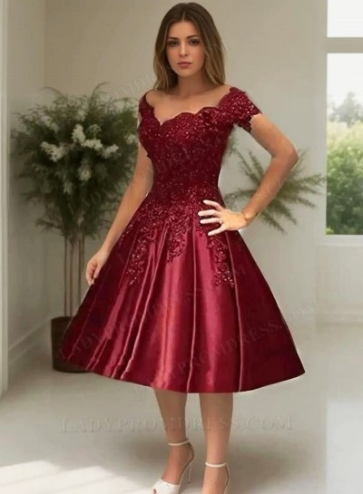 Knee-Length Pleated Burgundy Applique Beading Off-The-Shoulder Homecoming Dresses