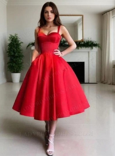 Red Ball Gown Tea-Length Pleated Sweetheart Sleeveless Homecoming Dresses