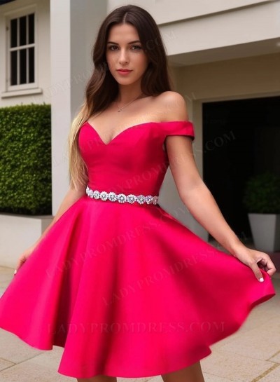 2025 A Line Satin Fuchsia Off Shoulder Sweetheart Beaded Sash Short Homecoming Dresses