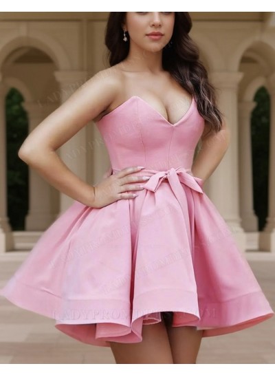 2025 A Line Satin Sweetheart Blue Bowknot Sash Short Homecoming Dresses