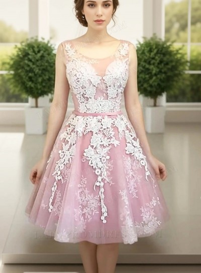 A-Line Scoop Lace-Up Pink Tulle Short Homecoming Dress 2025 with Lace