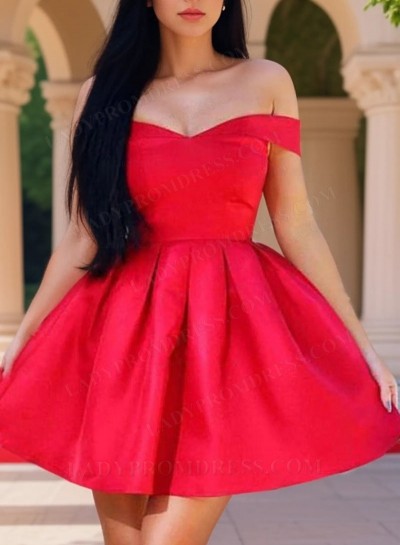 2025 Ball Gown Off the Shoulder Satin Ruched Red Short/Mini Homecoming Dresses