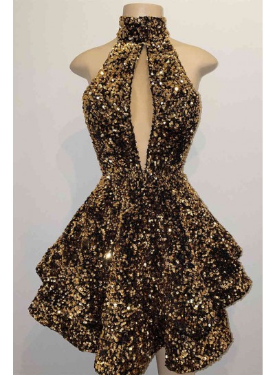 2025 Brown Ball Gown V-neck Halter Sleeveless Short Sequins Homecoming Dresses