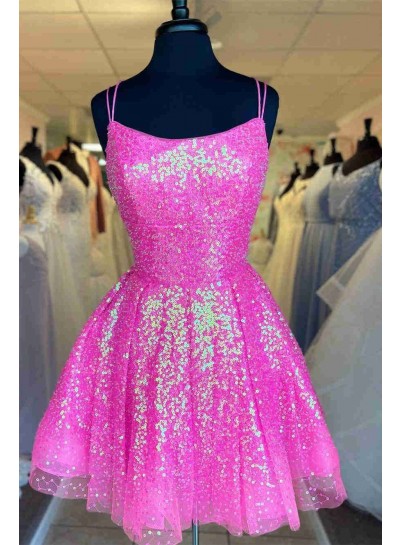 2025 Fuchsia A-line Spaghetti Straps Criss Cross Lace Up Short Sequins Homecoming Dresses