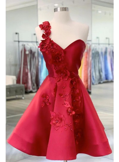2025 Red A-line One Shoulder Short Satin Hand Made Flower Beading Homecoming Dresses