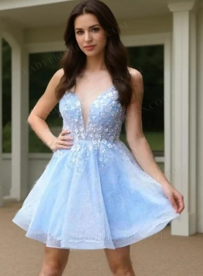 2025 Blue A-line V-neck Sleeveless Short Tulle Appliques Homecoming Dresses