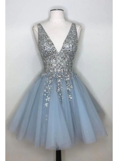 2025 Blue V-neck Sleeveless Short Tulle Beading Homecoming Dresses