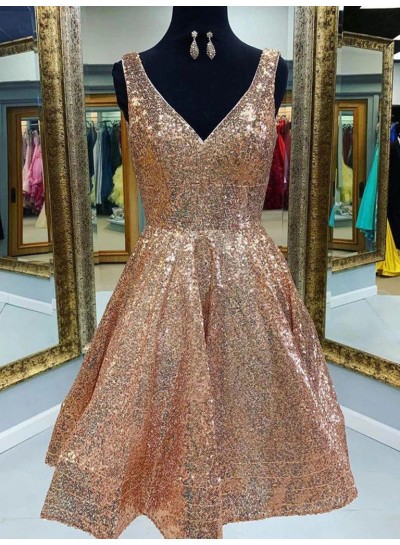 2025 Pearl Pink A-line V-neck Sleeveless Short Sequins Homecoming Dresses