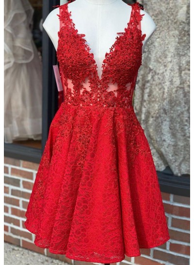 2025 A-line Princess Lace Embroidery V-neck Sleeveless Short/Mini Homecoming Dresses 