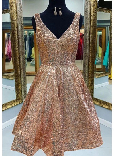 2025 A-line Princess Sequin V-neck Sleeveless Champagne Short/Mini Homecoming Dresses