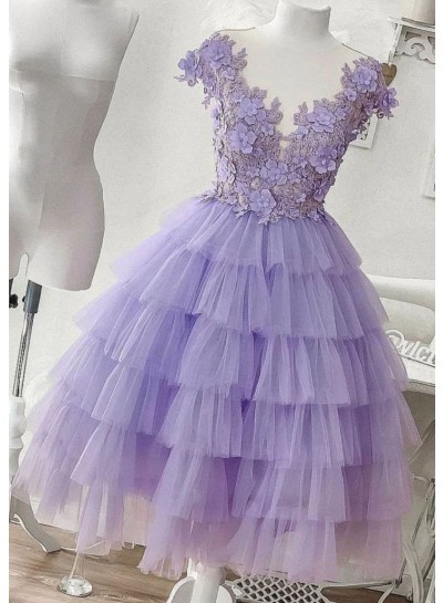 2025 A-line Princess Tulle Layers V-neck Sleeveless Knee-Length Homecoming Dresses with Appliques
