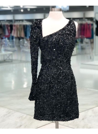 2025 Sheath/Column Sequin Long Sleeve Black Short/Mini Homecoming Dresses