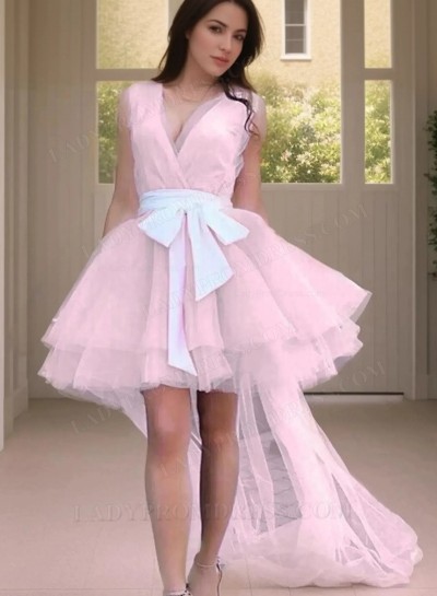 2025 A-line Princess Tulle V-neck Belt Short/Mini Homecoming Dresses with Long Train 