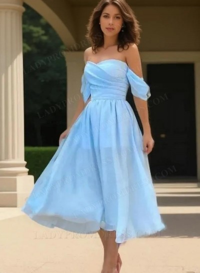 2025 A-line Princess Off the Shoulder Chiffon Ruched Tea-Length Homecoming Dresses