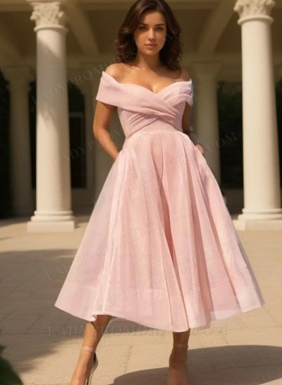2025 A-line Princess Pearl-Pink Off the Shoulder Chiffon Tea-Length Homecoming Dresses