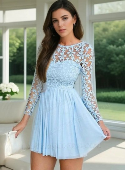 A-Line Princess Scoop Long Sleeves Lace Short Chiffon Homecoming Dresses