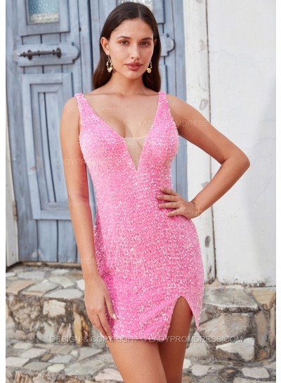 2025 Sheath/Column Sequin V-neck Sleeveless Pink Short/Mini Homecoming Dresses